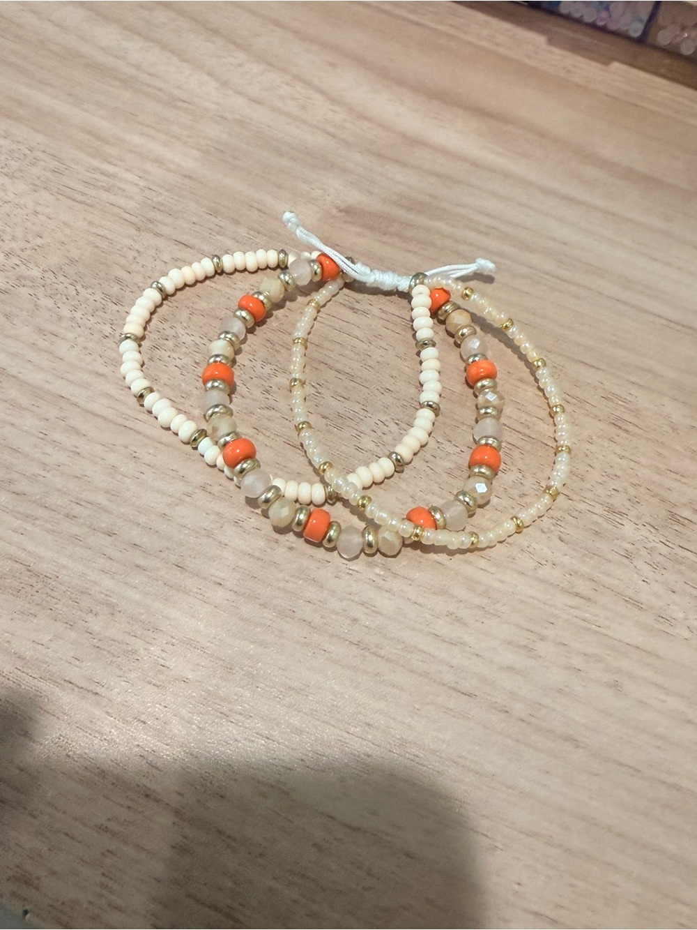 Stacked Beaded Bracelet Set - Cream & Orange Accent